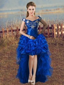 Cheap Sleeveless Lace Up High Low Embroidery and Ruffles Prom Gown
