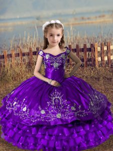 Purple Off The Shoulder Neckline Embroidery and Ruffled Layers Little Girl Pageant Dress Sleeveless Lace Up