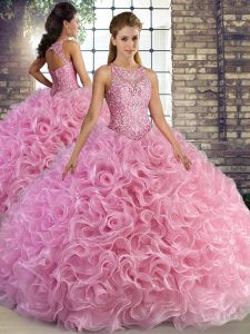 Fantastic Scoop Sleeveless Lace Up Quinceanera Gown Rose Pink Fabric With Rolling Flowers