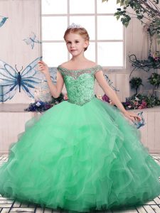 Apple Green Off The Shoulder Lace Up Beading and Ruffles Custom Made Pageant Dress Sleeveless