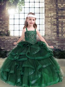 Green Sleeveless Beading and Ruffles Floor Length Pageant Gowns For Girls