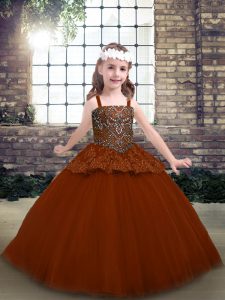 Rust Red Ball Gowns Straps Sleeveless Tulle Floor Length Lace Up Beading and Lace Pageant Dress