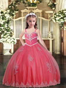 Floor Length Lace Up Kids Pageant Dress Watermelon Red for Sweet 16 and Wedding Party with Beading and Appliques