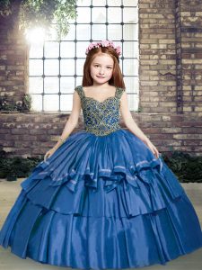 Floor Length Lace Up Pageant Dress for Teens Blue for Party and Sweet 16 and Wedding Party with Beading