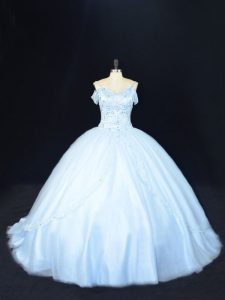 Admirable Sleeveless Beading Lace Up Sweet 16 Quinceanera Dress with Blue Court Train
