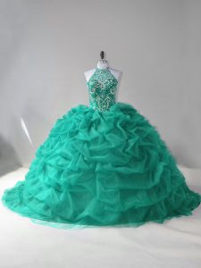 Turquoise 15 Quinceanera Dress Sweet 16 and Quinceanera with Beading and Pick Ups Halter Top Sleeveless Court Train Lace