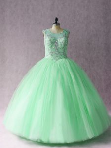 Apple Green Ball Gowns Tulle Scoop Sleeveless Beading Floor Length Lace Up 15th Birthday Dress