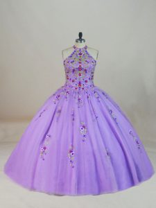 Lavender Ball Gowns Tulle Halter Top Sleeveless Beading and Embroidery Lace Up Quinceanera Gown Brush Train
