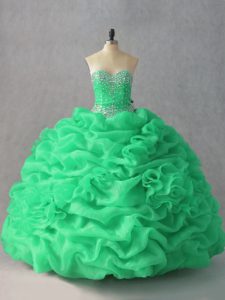 Sweetheart Sleeveless Sweet 16 Dresses Floor Length Beading and Pick Ups and Hand Made Flower Green Organza