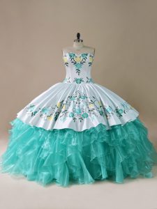Fabulous Sleeveless Organza Floor Length Lace Up 15 Quinceanera Dress in Blue And White with Embroidery and Ruffles