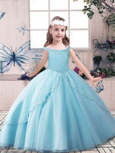 Blue Off The Shoulder Lace Up Beading Kids Pageant Dress Sleeveless