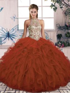 Rust Red Sleeveless Beading and Ruffles Floor Length 15 Quinceanera Dress