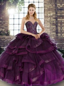 Dark Purple Ball Gowns Beading and Ruffles Quinceanera Dress Lace Up Tulle Sleeveless Floor Length