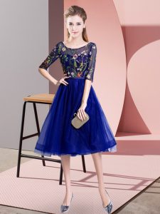 Hot Sale Blue Empire Tulle Scoop Half Sleeves Embroidery Knee Length Lace Up Bridesmaids Dress