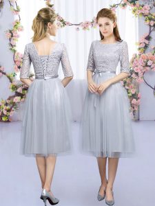 Grey Empire Lace and Belt Wedding Party Dress Lace Up Tulle Half Sleeves Tea Length