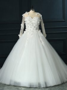 Romantic White Bridal Gown Scoop 3 4 Length Sleeve Court Train Lace Up