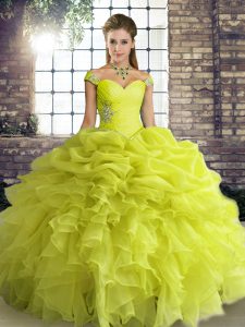 Elegant Off The Shoulder Sleeveless Quinceanera Gowns Floor Length Beading and Ruffles and Pick Ups Yellow Green Organza