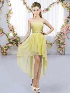 Vintage Sleeveless Chiffon High Low Lace Up Dama Dress for Quinceanera in Yellow with Beading