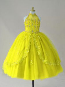 Glorious Yellow Ball Gowns High-neck Sleeveless Tulle Floor Length Lace Up Beading and Appliques Little Girls Pageant Go
