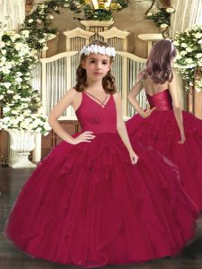 Exquisite V-neck Sleeveless Kids Pageant Dress Floor Length Ruffles and Ruching Burgundy Tulle