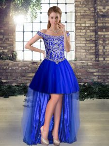 Inexpensive Off The Shoulder Sleeveless Dress for Prom High Low Beading Royal Blue Tulle