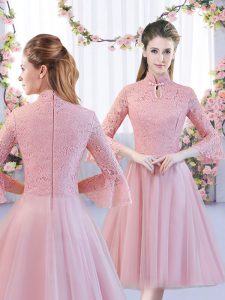 Pink A-line Tulle High-neck 3 4 Length Sleeve Lace Tea Length Zipper Quinceanera Dama Dress