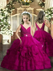 Amazing Floor Length Fuchsia Little Girl Pageant Gowns Sleeveless Beading