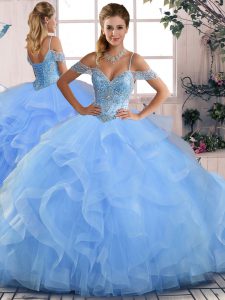 Blue Off The Shoulder Neckline Beading and Ruffles 15 Quinceanera Dress Sleeveless Lace Up