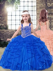Sleeveless Floor Length Beading and Ruffles Lace Up Girls Pageant Dresses with Royal Blue