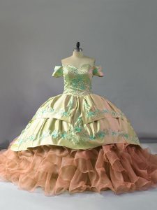 Off The Shoulder Sleeveless Chapel Train Lace Up Sweet 16 Quinceanera Dress Multi-color Organza