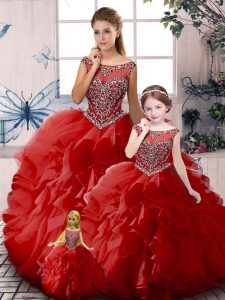 Red Sleeveless Floor Length Beading and Ruffles Zipper Quinceanera Dresses