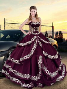 Purple Ball Gowns Satin Sweetheart Sleeveless Embroidery and Ruffled Layers Lace Up 15th Birthday Dress