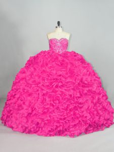 Hot Pink Ball Gowns Organza Sweetheart Sleeveless Beading and Ruffles Lace Up Vestidos de Quinceanera Brush Train