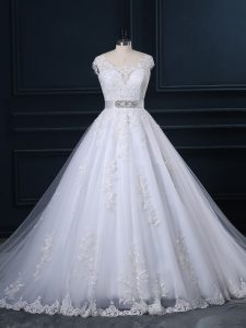 Charming Tulle Sleeveless Wedding Dresses Court Train and Beading and Lace