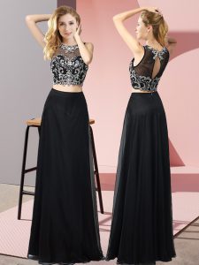 Custom Designed Sleeveless Chiffon Floor Length Backless Prom Gown in Black with Beading