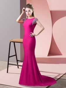 Sumptuous Hot Pink Mermaid Beading Prom Party Dress Backless Elastic Woven Satin Short Sleeves