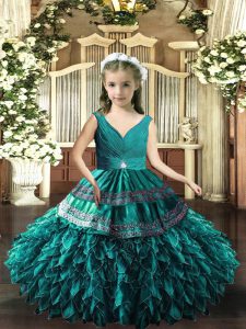 Fashionable Teal Backless Child Pageant Dress Beading and Appliques and Ruffles Sleeveless Floor Length