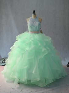 Apple Green and Pink And White Halter Top Neckline Beading and Ruffles Quinceanera Gowns Sleeveless Backless