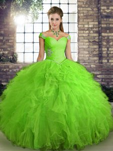 Tulle Lace Up Off The Shoulder Sleeveless Floor Length Quince Ball Gowns Beading and Ruffles