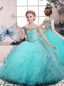 Stunning Aqua Blue Lace Up Kids Pageant Dress Beading and Ruffles Sleeveless Floor Length