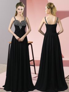 Black Empire Chiffon Straps Sleeveless Beading Floor Length Zipper Dress for Prom