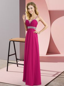 Stylish Fuchsia Chiffon Criss Cross Dress for Prom Sleeveless Floor Length Beading