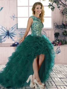 Dark Green Lace Up Scoop Embroidery and Ruffles Organza Sleeveless