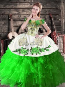 Green Off The Shoulder Lace Up Embroidery and Ruffles Quinceanera Gown Sleeveless
