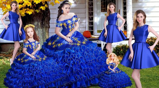 Off The Shoulder Sleeveless Lace Up Quinceanera Gowns Royal Blue Organza