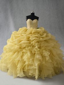 Custom Made Yellow Sweetheart Lace Up Beading and Ruffles Ball Gown Prom Dress Sleeveless