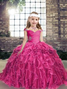 Straps Sleeveless Pageant Gowns For Girls Floor Length Beading and Ruffles Fuchsia Organza