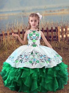 Green Scoop Lace Up Embroidery and Ruffles Little Girls Pageant Dress Wholesale Sleeveless