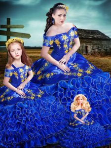 Superior Royal Blue Ball Gowns Organza Off The Shoulder Sleeveless Embroidery and Ruffles Floor Length Lace Up Quinceane