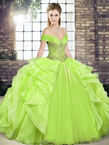 Great Yellow Green Ball Gowns Off The Shoulder Sleeveless Organza Floor Length Lace Up Beading and Ruffles Quinceanera G